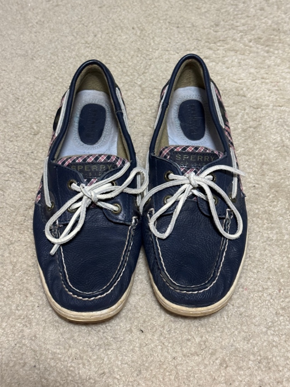 Sperry Navy Leather Slip-On Boat Shoes with White Laces
